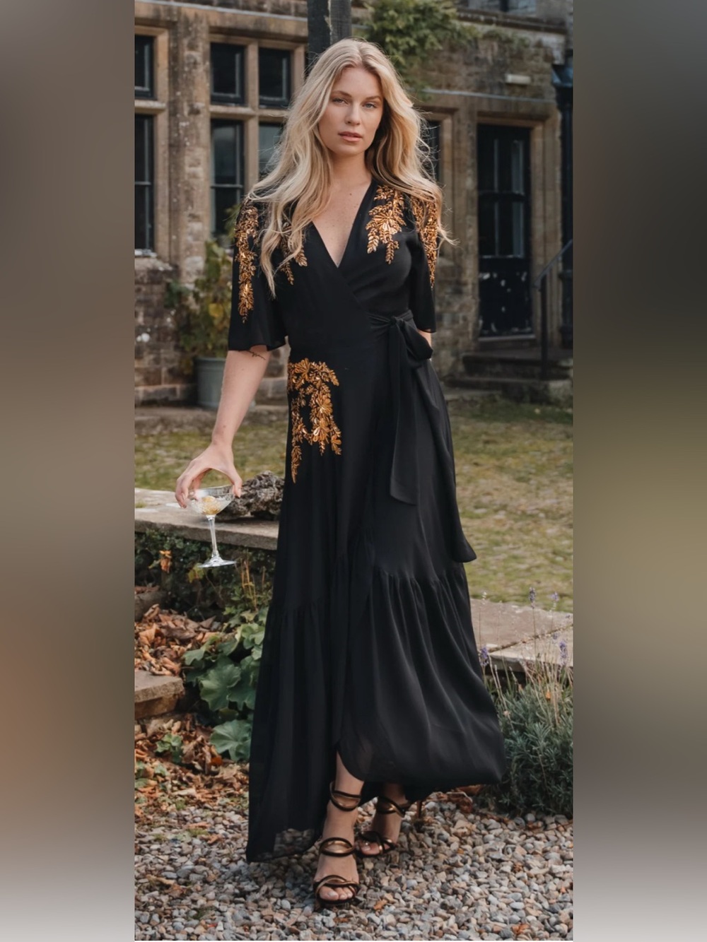 Hope & Ivy “The Artemis” Black Maxi Wrap Dress with Gold Floral Embroidery